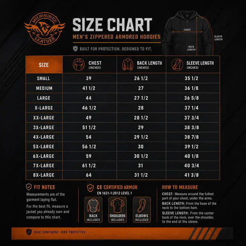 Size chart for men's zippered armored hoodies, showing dimensions and fit guidelines next to an illustrated hoodie.