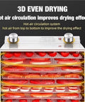 Four Hundred Watt Food Dehydrator With Six Roomy Mesh Trays And Precise Temperature Settings To Dry Beef Jerky Apples And Veggies, showcasing hot air circulation system.