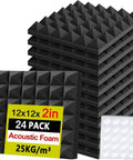 24 Pack Hella Thick Acoustic Foam Panels Crafted To Knock Out Studio Reverb And Quiet Down Busy Rooms For Home Offices Creative Spaces And Relaxing Lounges Premium Density Tiles stacked with adhesive circles.