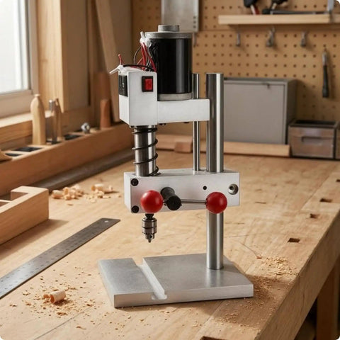 Compact Mini Bench Drill Press With Sturdy Metal Body In Sleek Black And Silver Finish Ideal For Precise DIY Projects and small workshop tasks on wooden workbench.