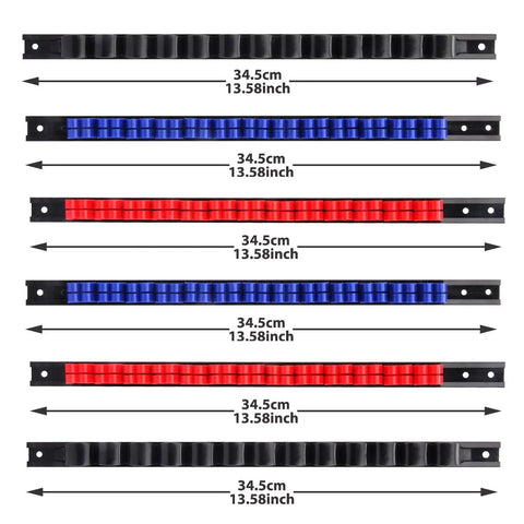 Wall Mount Screwdriver And Wrench Organizer Rack With Clips Hand Tool Holder For Pliers Extensions Ratchets And Small Tools All In One Grab And Go Easy Access Garage Drawer Space Saver, six-piece tool organizer rail with red, blue, black clips shown