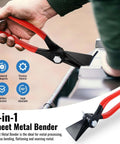 3 In 1 Sheet Metal Bender Pliers With Adjustable Jaw in use for bending flange on metal sheet, highlighting durable red handles.