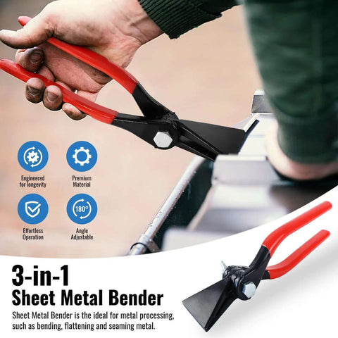 3 In 1 Sheet Metal Bender Pliers With Adjustable Jaw in use for bending flange on metal sheet, highlighting durable red handles.