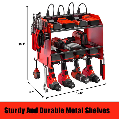 Heavy Duty Wall Mount Power Tool Organizer With Three Shelves And Cordless Drill Storage Metal Tool Rack For Garage