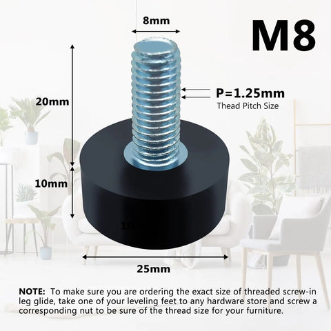 Eight Pack M8 Adjustable Rubber Furniture Levelers showing dimensions and thread details for furniture stability.