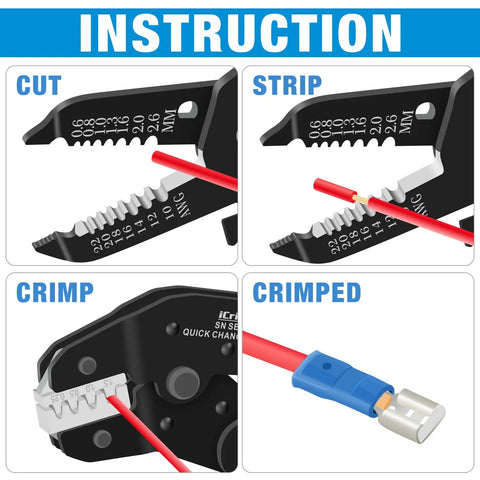 Quick Change Ratcheting Crimping Tool Kit For Auto Wiring Includes Five Die Sets Wire Stripper Carry Case instruction steps
