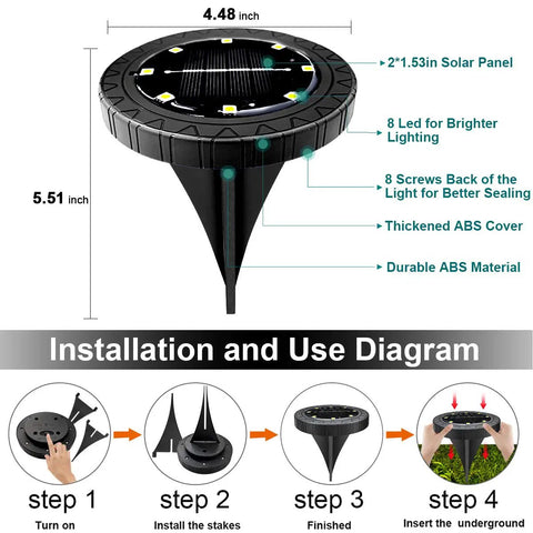 Solar Powered Outdoor LED Disk Lights 8 Pack IP68 Waterproof Non Slip Wear Resistant Pathway Lights Warm White installation diagram