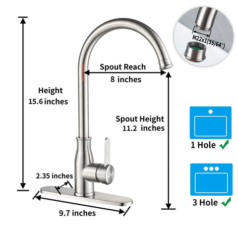 Diagram showing dimensions of Single Handle Kitchen Faucet Stainless Steel Brushed Nickel High Arc Deck Mount Sink Tap For One Hole Install Pro Grade Bar And Kitchen Faucet Durable.