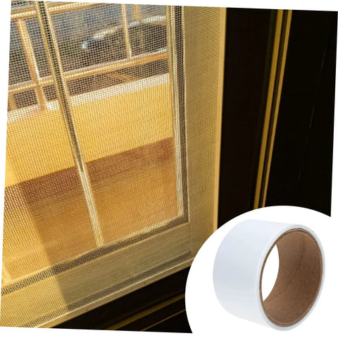 Window Screen Repair Tape Kit Self Adhesive Patch For Quick Fixes And Easy Installation Strong Adhesion For Windows And Doors Tents And More Reusable Glass Fiber Patch applied on window screen with roll shown