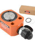 Front view of orange 20-ton hydraulic ram jack (HZLZRZ) with black connector and O-rings, boxed.