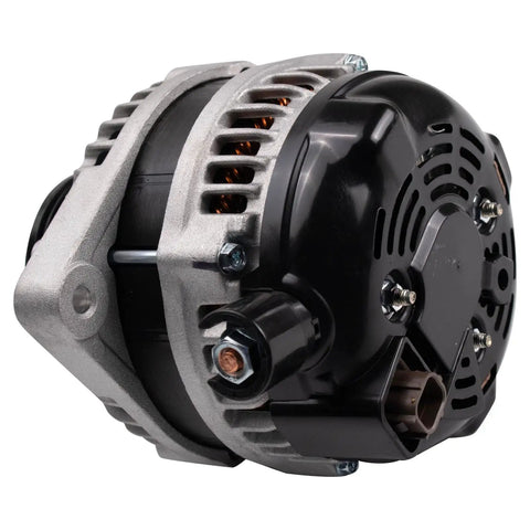 Direct Fit Premium Alternator With Plug And Play Install And Sweet Electrical Output OEM Replacement 11775 view of alternator with silver and black casing