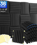 Premium Curved Acoustic Foam Panels 3 Inch Thick Sound Proofing Tiles For Home Studio Podcast Room And Office Echo Reduction With Heavy Duty Double Sided Tape Included, showing black foam panels in different shapes and adhesive strips.
