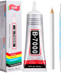 Clear B7000 Glue Kit With Precision Tip 110Ml All In One Multipurpose Adhesive For Rhinestones Crafts Fabric Shoes Jewelry Making Nail Art DIY Makeup No Mess Easy Applicator Tools Included with packaging and applicator tools visible.