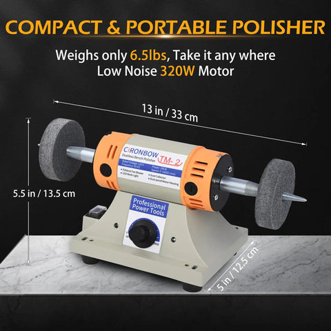 Slick Four Inch Bench Grinder Polishing Machine With Adjustable Variable Speed For Jewelry Crafting and Dental Buffing includes compact polisher with 320W motor.