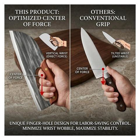 Comparison of knife grips; Hand Forged High Carbon Steel Chef Knife And Cleaver Set For Kitchen, BBQ And Camping on left with direct force