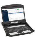 Slick Short Depth One U Rackmount Kvm Console With An 18 Point Five Inch Hd Lcd Screen and USB ports open display with keyboard.