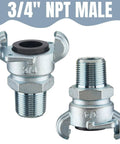 Four Pack 3/4 Inch Chicago Style NPT Iron Air Fittings With 2 Lug Universal Couplings For Female And Male Ends Includes Safety Locks And Rubber Washers Heavy Duty Ready To Roll Up To 150 Psi showing male end fitting