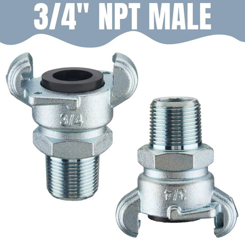 Four Pack 3/4 Inch Chicago Style NPT Iron Air Fittings With 2 Lug Universal Couplings For Female And Male Ends Includes Safety Locks And Rubber Washers Heavy Duty Ready To Roll Up To 150 Psi showing male end fitting