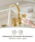 Brushed Gold Bathroom Sink Faucet With Waterfall Design, Widespread 8-Inch 3-Hole Mount in use with water flow