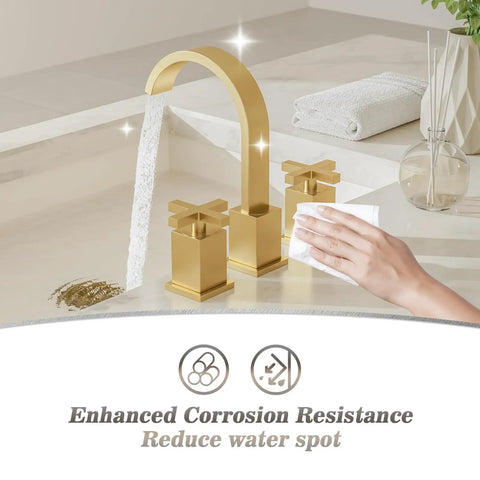 Brushed Gold Bathroom Sink Faucet With Waterfall Design, Widespread 8-Inch 3-Hole Mount in use with water flow