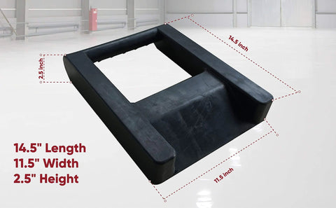 Heavy Duty Pallet Jack Stop For Damage Prevention And Easy Pallet Securing Keeps Pallets From Sliding In Transit Lightweight 5.3 Pound Rubber Pad Measures 14.5 By 11.5 By 2.5 Inches Simple And Functional shown on warehouse floor