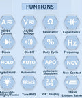 Chart of functions for 2 In 1 Oscilloscope And Multimeter For On The Go Techies, 1MHz Bandwidth, 20000 Counts Digital Multimeter With True RMS