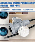 Drain Pump Assembly For Front Load Washing Machines AHA75853803 Cross Reference AP6985799 PS12750086 EAP12750086, gray plastic hose pump