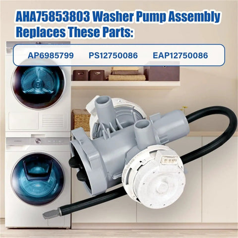 Drain Pump Assembly For Front Load Washing Machines AHA75853803 Cross Reference AP6985799 PS12750086 EAP12750086, gray plastic hose pump