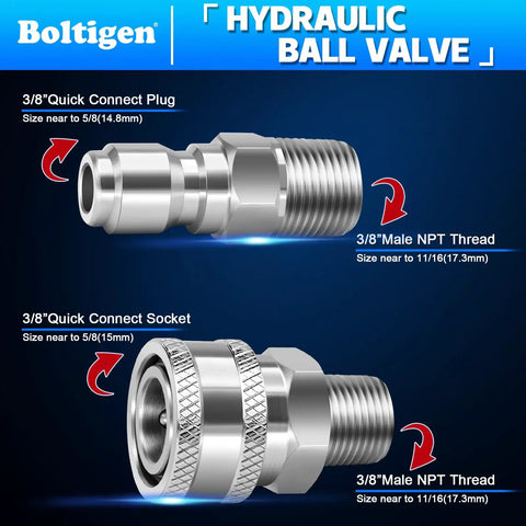High Pressure Washer Ball Valve Kit With 5000 PSI Capacity, showing three eighths inch quick connect plug and socket fittings