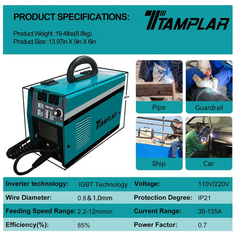 3 In 1 Gasless Welder 140A 110V MIG MMA Lift TIG Flux Core Wire Welder No Gas Inverter shown with specifications