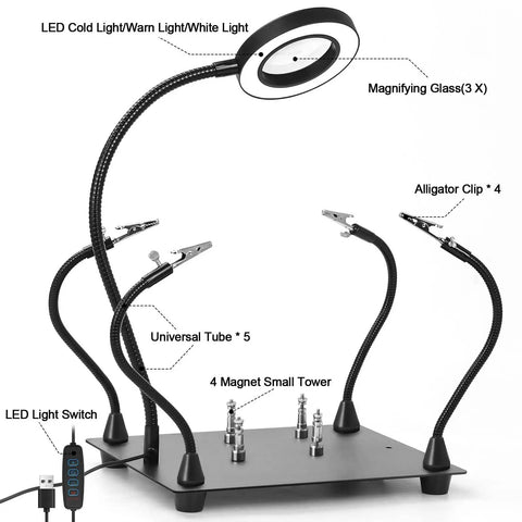 Soldering Magnifying Glass With Four Arm Magnetic Holder And 3X LED Light showing flexible arms and heavy-duty base, pro grade station.