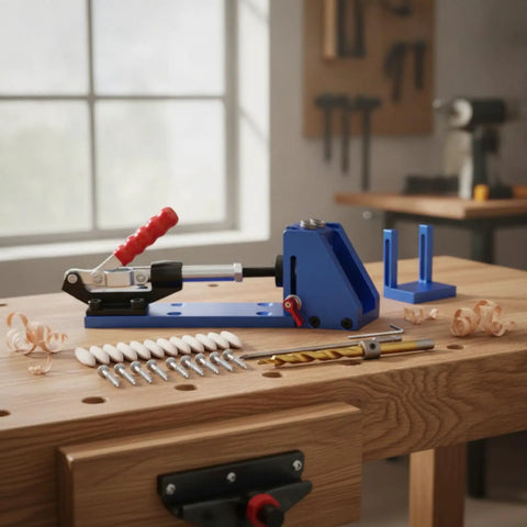 Top Notch Pocket Hole Jig With Adjustable Clamp For Woodworking Pros Who Want Flawless Cabinet Doors And Furniture Builds Every Single Time Using Heavy Duty Drill Guide System, blue metal jig with clamp and drill bit on workbench