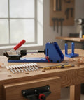 Heavy Duty Pocket Hole Jig Kit With Adjustable Depth Clamp For Cabinetry And Furniture Repair Includes Drill Bushings Wood Plugs Screws And Boring Tool That Is A Total Game Changer For DIYers, blue jig on workbench