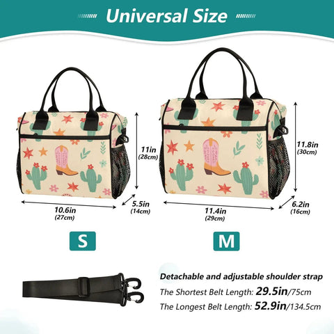 Western Cowboy Desert Star Insulated Lunch Bag with adjustable strap, shown in S and M sizes, cactus and star design