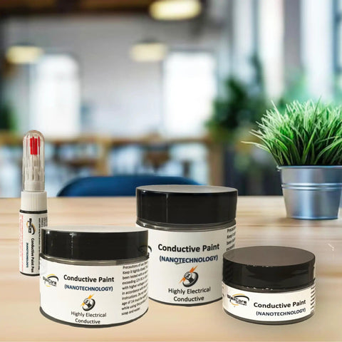 Conductive Paint Pen For Quick Circuit Repairs And EMF Shielding with pots on a desk, multipurpose electronic use, 10ml pack