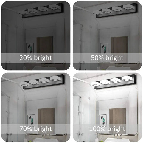 Black Sleek Dimmable LED Vanity Light With Four Lights Modern Stainless Steel And Acrylic Rotatable 360 Degree Wall Fixture in Bathroom Showing Different Brightness Levels 20-100%