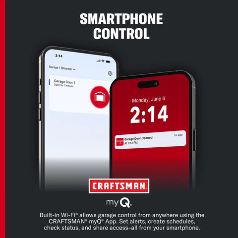 Smartphone displaying 3/4 HP Ultra Quiet Smart Belt Drive Garage Door Opener With Wi Fi Control notifications using myQ app.