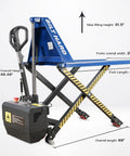 Heavy Duty Semi Electric High Lift Scissor Pallet Jack 3300 Lbs Capacity with dimensions and control features displayed.