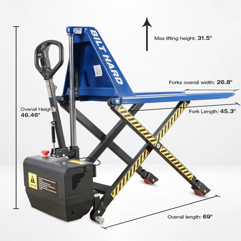 Heavy Duty Semi Electric High Lift Scissor Pallet Jack 3300 Lbs Capacity with dimensions and control features displayed.