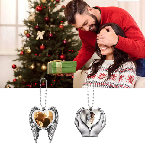 Sublimation Angel Wing Ornament Blanks Set With Metal Love Heart Pendant for Easy Personalization shown in festive setting