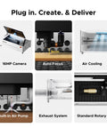 Top Tier 50W CO2 RF Laser Engraver And Cutter For Desktop Use With Lightburn Support features 16MP camera, auto focus, and built-in air pump.