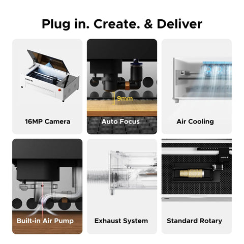 Top Tier 50W CO2 RF Laser Engraver And Cutter For Desktop Use With Lightburn Support features 16MP camera, auto focus, and built-in air pump.