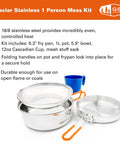 Stainless One Person Mess Kit For Camping And Backpacking, Lightweight Durable Outdoor Dinnerware Set, shown in silver finish