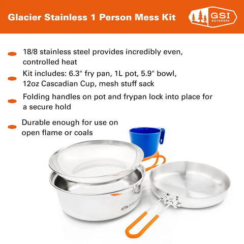 Stainless One Person Mess Kit For Camping And Backpacking, Lightweight Durable Outdoor Dinnerware Set, shown in silver finish