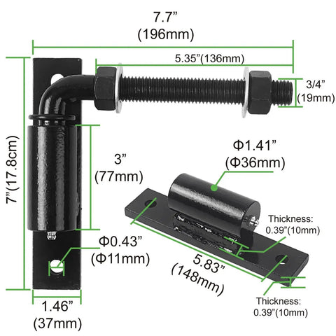 Beefy Three Quarter Inch J Bolt Gate Hinge For Large Driveway Gates Up To 1100 Pounds No Welding Lubricated Ball Bearing Hinge 2 Packs Bolt On Heavy Duty Swing Gate Hardware, dimensioned black steel hinge