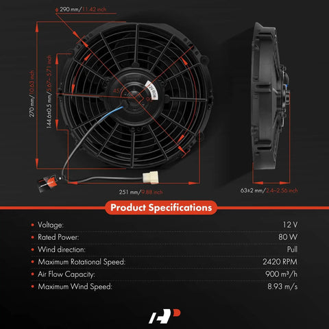 Rock Solid 10 Inch Universal Electric Cooling Fan Assembly With Thermostat Relay And Mount Kit Direct Drop Fit 12 Volt dimensions and specs