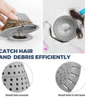 Gray silicone collapsible bathtub drain hair catcher and protector with holes, shown trapping hair effectively in shower sink.