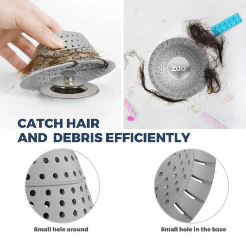 Gray silicone collapsible bathtub drain hair catcher and protector with holes, shown trapping hair effectively in shower sink.