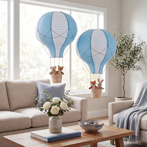 Two Pack Hanging Hot Air Balloon Paper Lanterns For Nursery Decor 15.7 Inch Centerpieces Reusable Blue And White Set