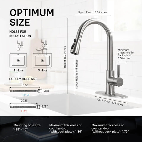 High Arc Brushed Nickel Kitchen Faucet With Pull Down Sprayer dimensions and installation guide on white background